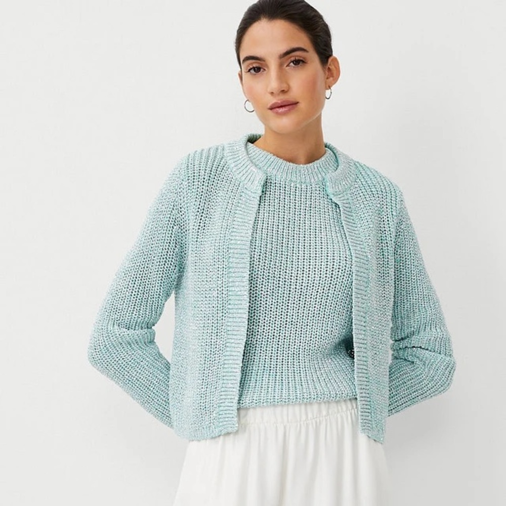 NWT Ann Taylor Studio Collection Shimmer Sequin Metallic Cardigan Mint Medium